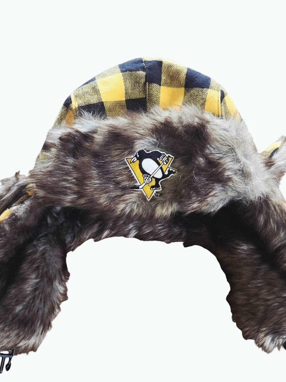 Pittsburgh Penguins NHL Plaid Faux Fur Trapper Hat - Hockey Fights Cancer Editio